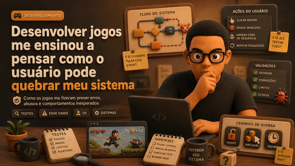 Desenvolver jogos me ensinou a pensar como o usuário pode quebrar meu sistema