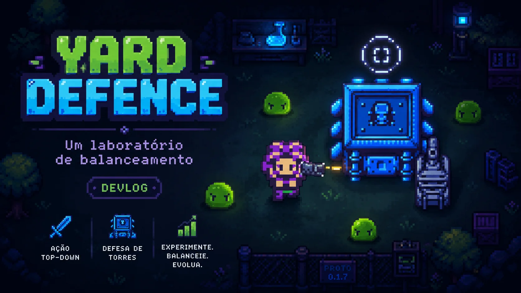 Yard Defence em pixel art top-down com jogador, torres e inimigos
